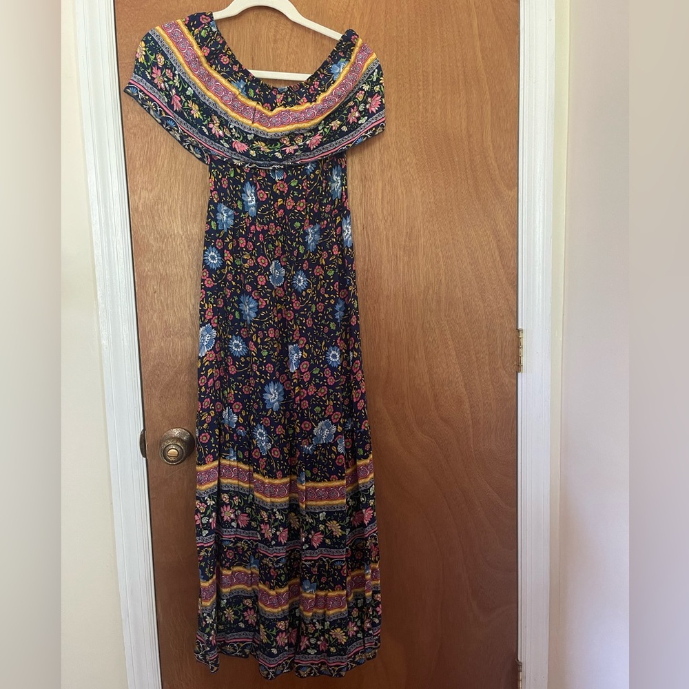 Bohemian Floral Off-Shoulder Maxi Dress - Black with Blue & Pink Floral
